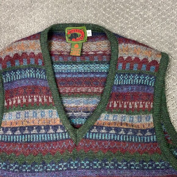 Vintage Boston Traders Fair Isle Wool Vest Sweater Men's XL Fits Large V Neck - Picture 2 of 8